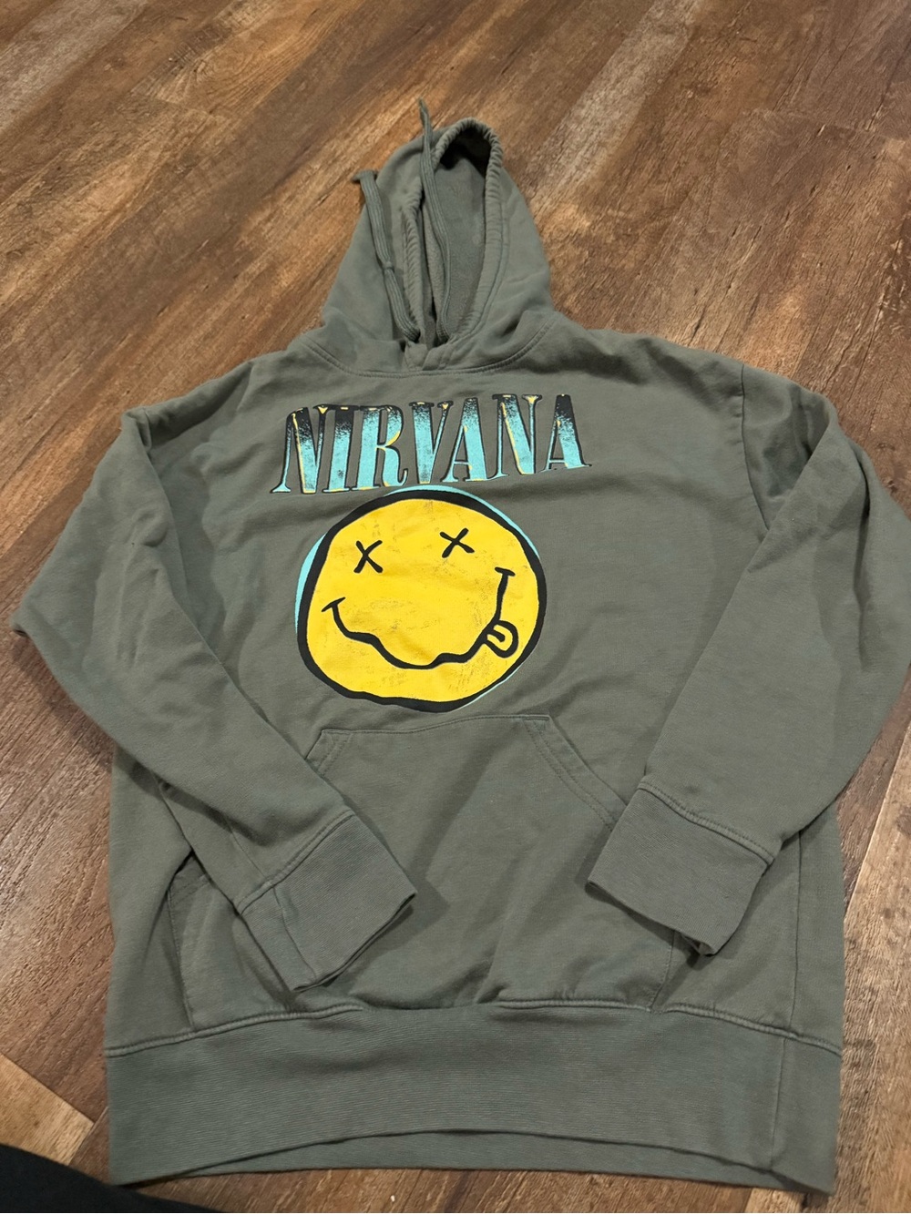 NIRVANA Olive Green Pullover Hoodie with Yellow Smiley Logo